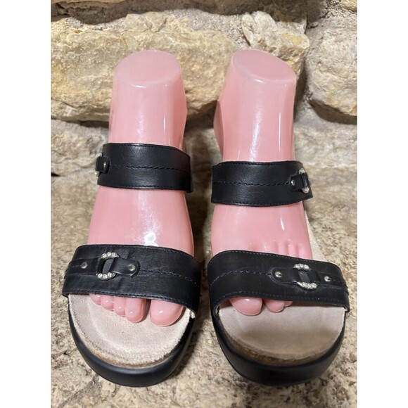 MEPHISTO Air Relax Naiade Black Leather Wedge 2 Strap Rhinestone Sandals 38 7.5 - Picture 3 of 11